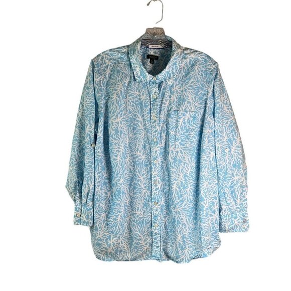TALBOTS Women's Button Down Blue & White Blouse Sea Coral Pattern Size 2X Petite - Picture 1 of 12